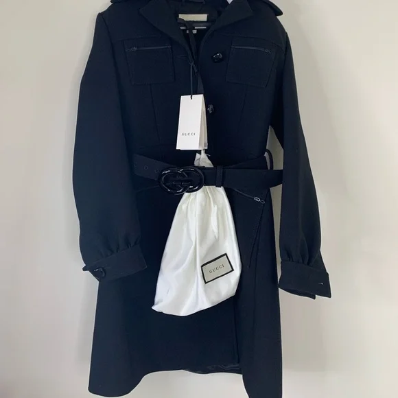 GUCCI black wool jacket large logo belt button down cuff long coat Luxury NWT - Picture 6 of 14